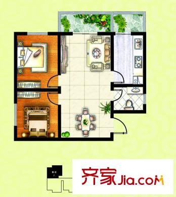 濱河御園4號樓B2戶型 2室2廳1衛(wèi)1廚