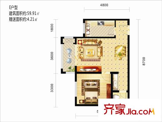 嘉園藍(lán)湖九郡5號(hào)樓E戶(hù)型 1室2廳1衛(wèi)1廚
