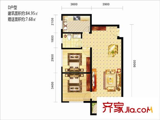 嘉園藍(lán)湖九郡5號(hào)樓D戶(hù)型 2室2廳1衛(wèi)1廚