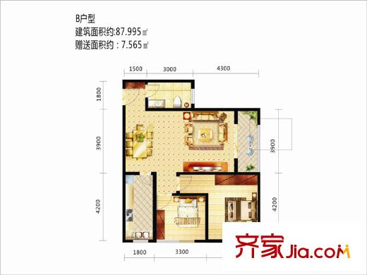 嘉園藍(lán)湖九郡5號(hào)樓B戶(hù)型 2室2廳1衛(wèi)1廚