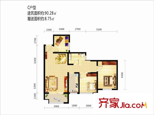 嘉園藍(lán)湖九郡5號(hào)樓C戶型 3室2廳1衛(wèi)1廚