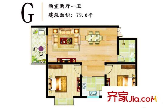 東方綠洲18號(hào)樓G戶(hù)型 2室2廳1衛(wèi)1廚