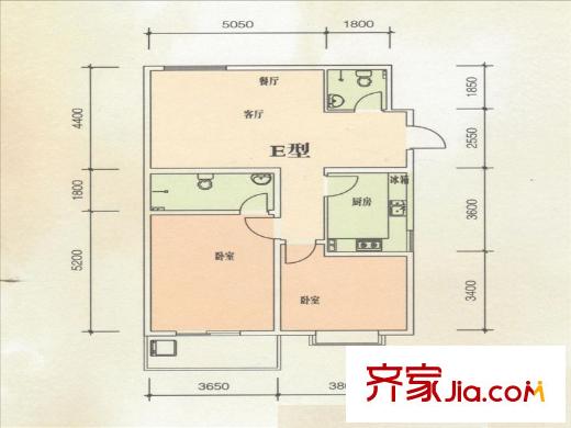 東方綠洲E戶(hù)型 2室2廳2衛(wèi)1廚