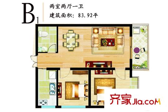 東方綠洲18號(hào)樓B1戶(hù)型 2室2廳1衛(wèi)1廚