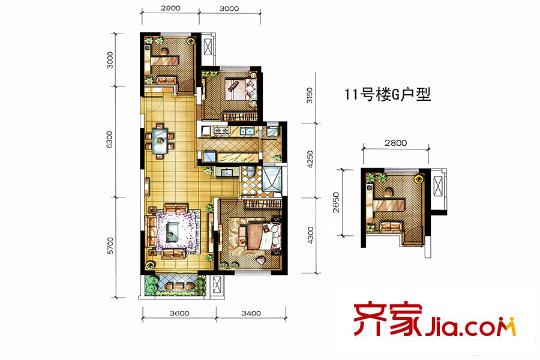 金地?翔悅天下一期11號樓G戶型 3室2廳1衛(wèi)1廚