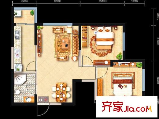 高新?未未來1-3號樓F1戶型 2室2廳1衛(wèi)1廚