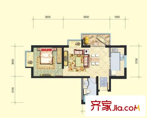 西安首創(chuàng)國際城/首創(chuàng)漫香郡A1戶型圖（已售完） 1室2廳1衛(wèi)1廚
