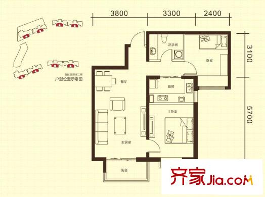 西安首創(chuàng)國際城/首創(chuàng)漫香郡4號樓C2戶型圖（已售完） 2室2廳1衛(wèi)1廚