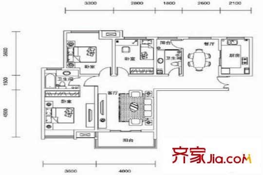 東晉桃源?縉福源2號(hào)樓120平戶型 3室2廳2衛(wèi)1廚