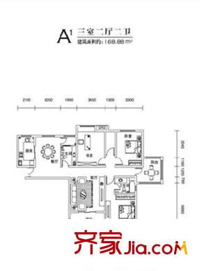 東晉桃源?縉福源14號(hào)樓A1戶型圖 3室2廳2衛(wèi)1廚