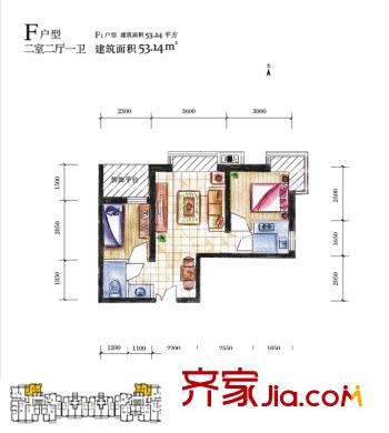紅星美凱城F戶(hù)型標(biāo)準(zhǔn)層戶(hù)型圖 1室1廳1衛(wèi)1廚