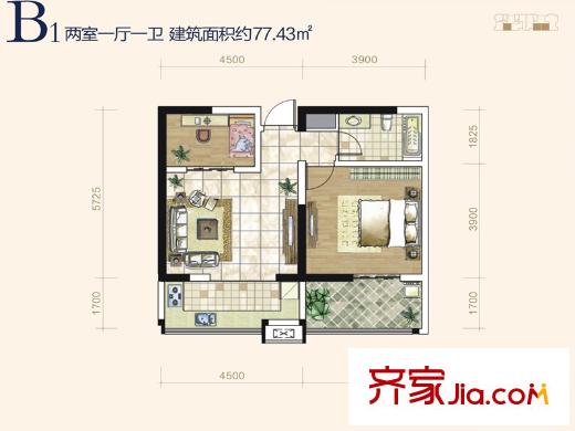 紅星美凱城樂(lè)活B1戶(hù)型圖 2室1廳1衛(wèi)1廚