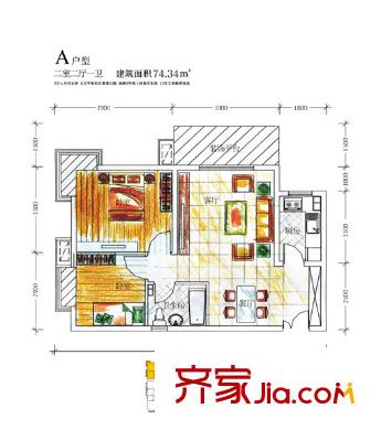 紅星美凱城17、18#A戶(hù)型圖 2室2廳1衛(wèi)1廚