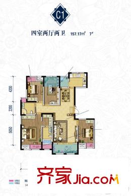 秦嶺北麓7號(hào)樓C1戶型 4室2廳2衛(wèi)1廚
