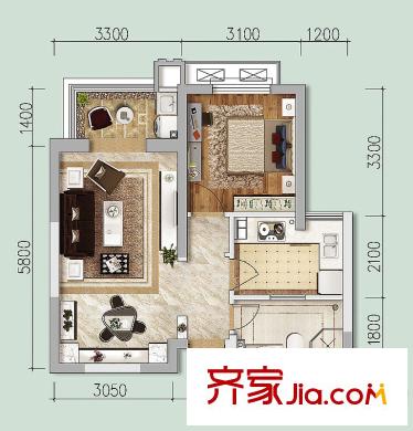 銘城國際社區(qū)3號樓D（內(nèi)）戶型圖 1室2廳1衛(wèi)1廚