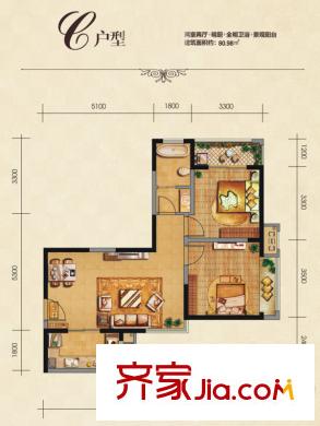 卡布奇諾國際社區(qū)9#、10#C戶型  2室2廳1衛(wèi)1廚