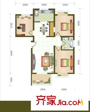 麗灣島1、2#樓標準層戶型圖 3室2廳1衛(wèi)1廚