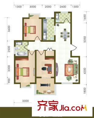 麗灣島10#樓標準層戶型圖 3室2廳2衛(wèi)1廚