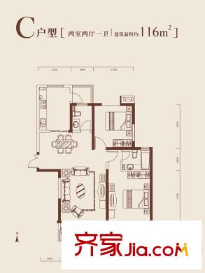 泉上花間12號(hào)樓C戶(hù)型 2室2廳1衛(wèi)1廚