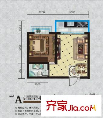 華府?西城港灣10#A戶型 1室1廳1衛(wèi)1廚