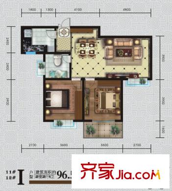 華府?西城港灣一期11#/12#樓I戶型 2室2廳1衛(wèi)1廚