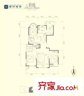 建邦華庭B戶型圖（平面） 3室2廳2衛(wèi)1廚