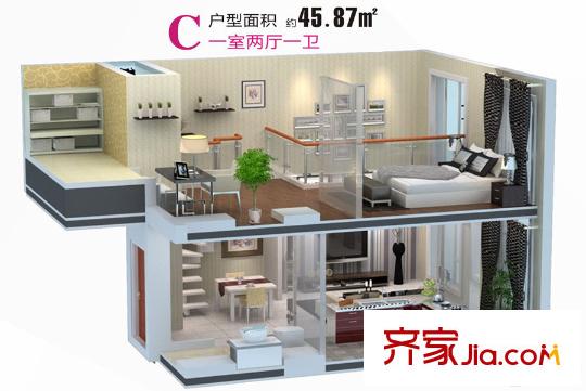 西安?恒大御景26號(hào)樓C戶型效果圖 1室2廳1衛(wèi)1廚