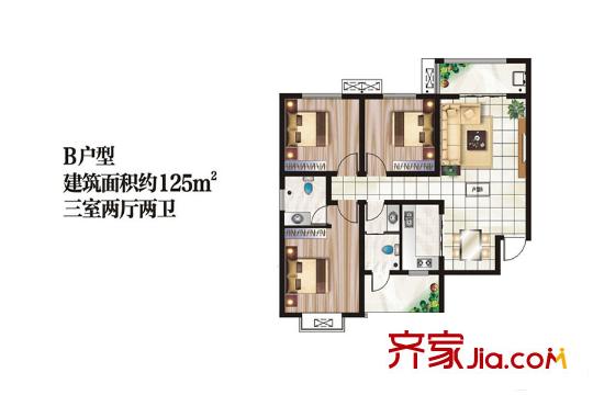 涇渭春天B戶型 3室2廳2衛(wèi)1廚