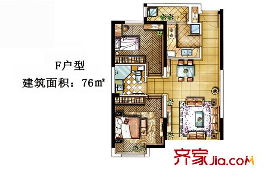 金地?翔悅天下二期2、3、4、5、6號樓F戶型 2室2廳1衛(wèi)1廚