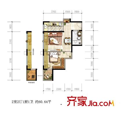 高新?未未來1號樓B2戶型 1室1廳1衛(wèi)1廚