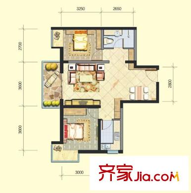 西安首創(chuàng)國際城/首創(chuàng)漫香郡A2戶型圖（已售完） 2室2廳1衛(wèi)1廚