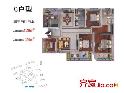 旺座城―海德堡PARK1、2、4、6號樓C戶型 4室2廳2衛(wèi)1廚