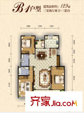朱雀錦園1#/2#/3#樓B1戶型 3室2廳2衛(wèi)1廚