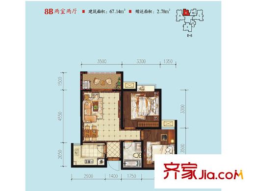 中華世紀城?馬上1號樓、3號樓、4號樓8B戶型 2室2廳1衛(wèi)1廚