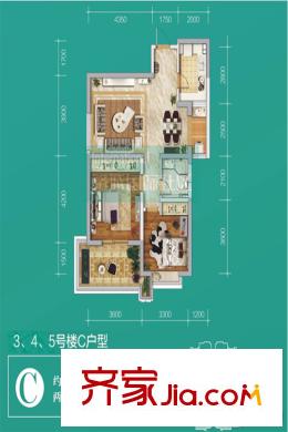 銘城國際社區(qū)3、4、5號樓C戶型 2室2廳1衛(wèi)1廚