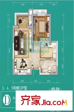 銘城國際社區(qū)3、4、5號樓D戶型 1室2廳1衛(wèi)1廚