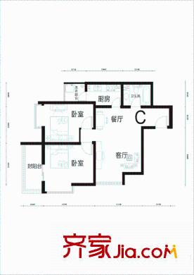 雙威理想城二期85平戶型C 2室2廳1衛(wèi)1廚