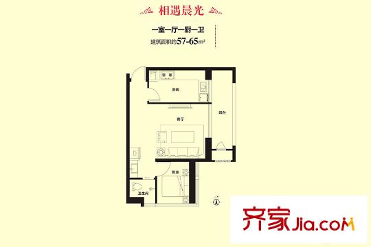 保利?金香檳1號樓相遇晨光戶型 1室1廳1衛(wèi)1廚