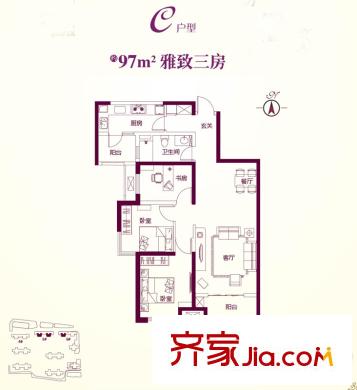 保利?金香檳4-12號樓C戶型 3室2廳1衛(wèi)1廚