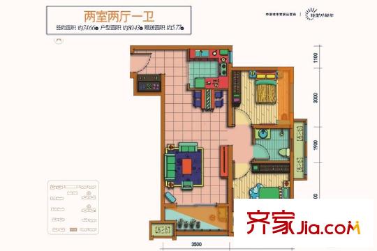 天朗蔚藍(lán)東庭6、8號樓F戶型 2室2廳1衛(wèi)1廚