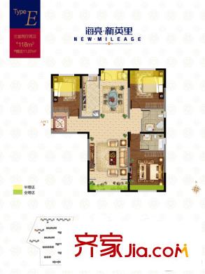 海亮新英里1-3號(hào)樓E戶(hù)型 3室2廳2衛(wèi)1廚