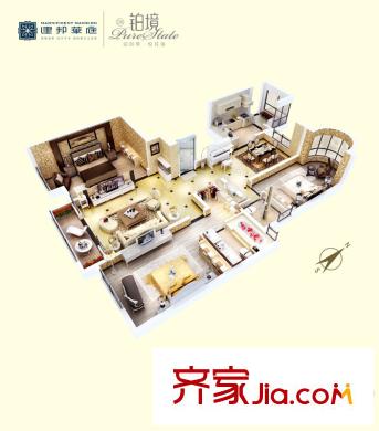 建邦華庭A戶型圖（3D） 3室2廳2衛(wèi)1廚