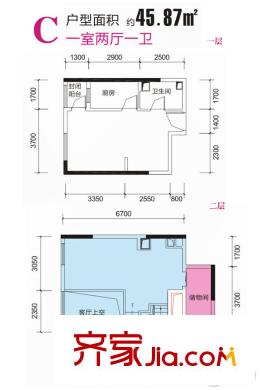 西安?恒大御景26號(hào)樓C戶型圖 1室2廳1衛(wèi)1廚