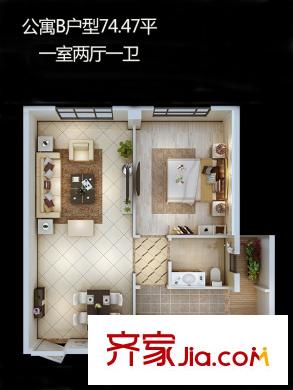 朱雀云天1號樓B戶型 1室2廳1衛(wèi)1廚