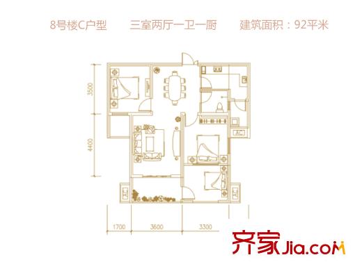 長興?園湖曲8號(hào)樓C戶型 3室2廳1衛(wèi)1廚