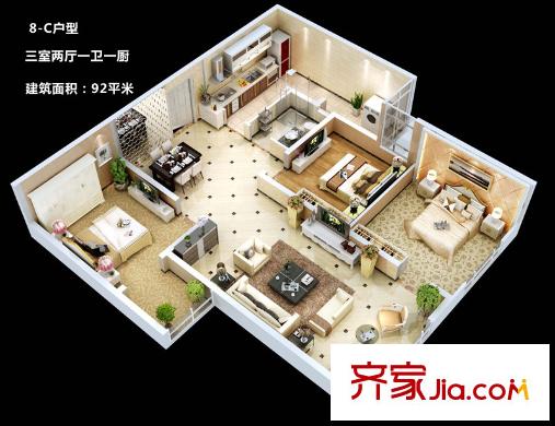 長興?園湖曲二期8-C戶型 3室2廳1衛(wèi)1廚