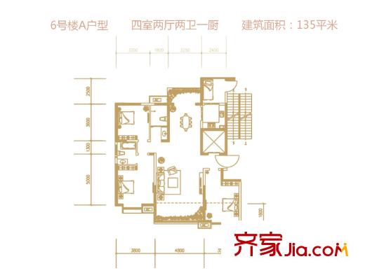 長(zhǎng)興?園湖曲6#樓A戶型 4室1廳2衛(wèi)1廚