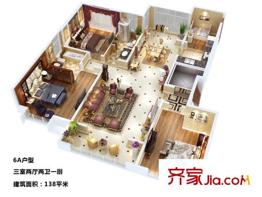長(zhǎng)興?園湖曲二期6A戶型 3室2廳2衛(wèi)1廚