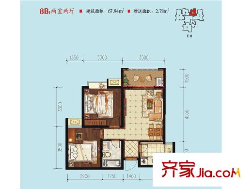 中華世紀城?馬上1號樓、3號樓、4號樓8B1戶型 2室2廳1衛(wèi)1廚
