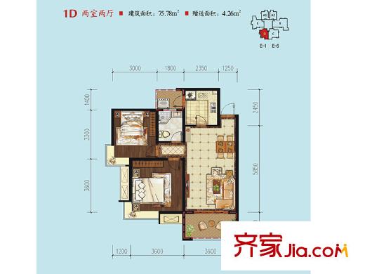 中華世紀城?馬上1號樓、3號樓、4號樓1D戶型 2室2廳1衛(wèi)1廚